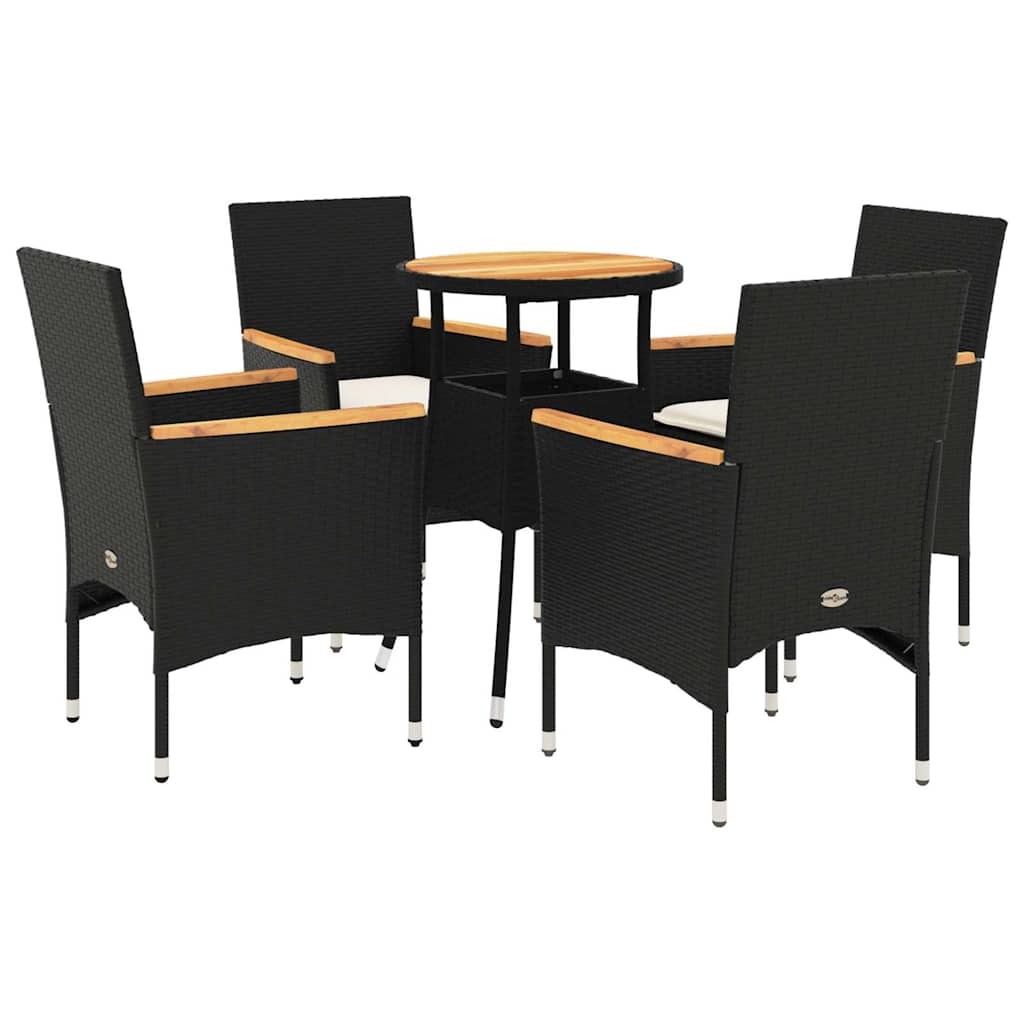 5 Piece Garden Dining Set with Cushions Black Poly Rattan and Acacia