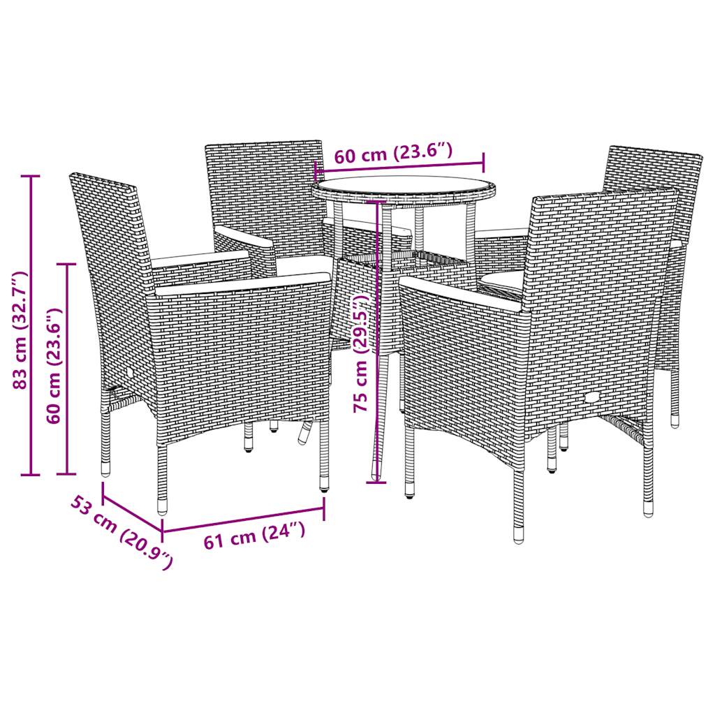 5 Piece Garden Dining Set with Cushions Black Poly Rattan and Acacia
