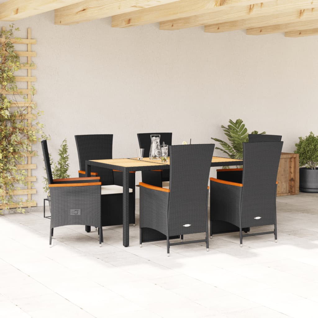 7 Piece Garden Dining Set with Cushions Black Poly Rattan