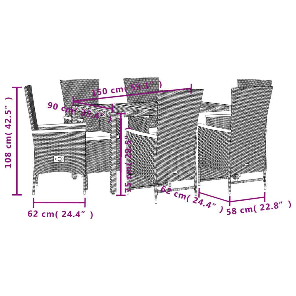 7 Piece Garden Dining Set with Cushions Black Poly Rattan
