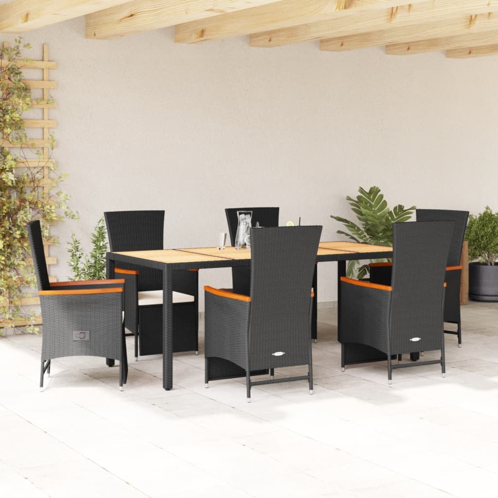 7 Piece Garden Dining Set with Cushions Black Poly Rattan