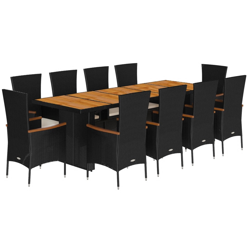 11 Piece Garden Dining Set with Cushions Black Poly Rattan