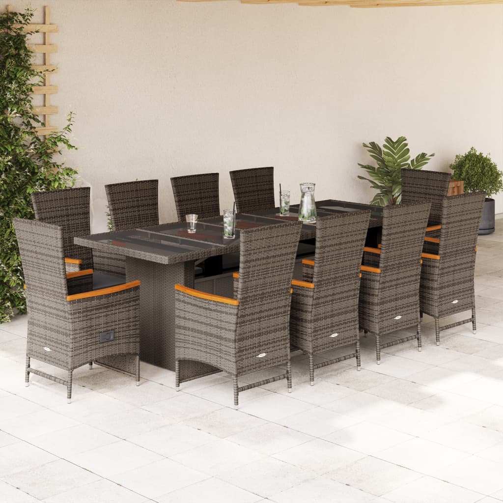 11 Piece Garden Dining Set with Cushions Grey Poly Rattan