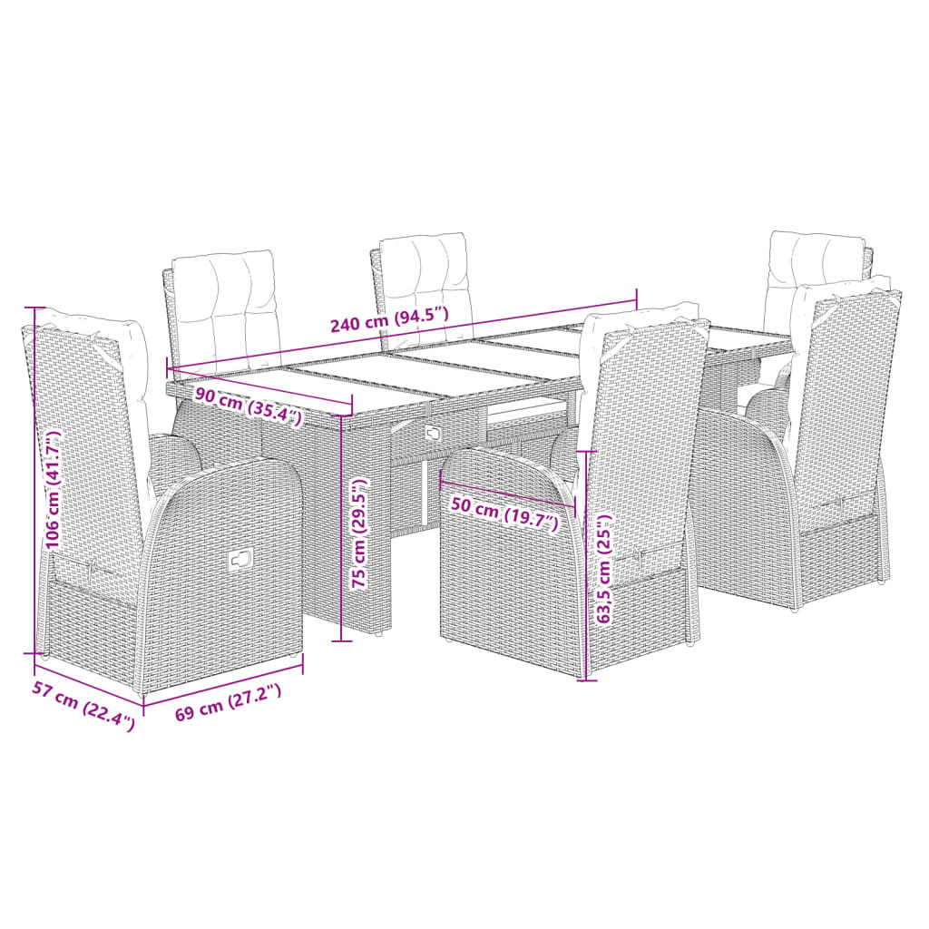 7 Piece Garden Dining Set with Cushions Black Poly Rattan