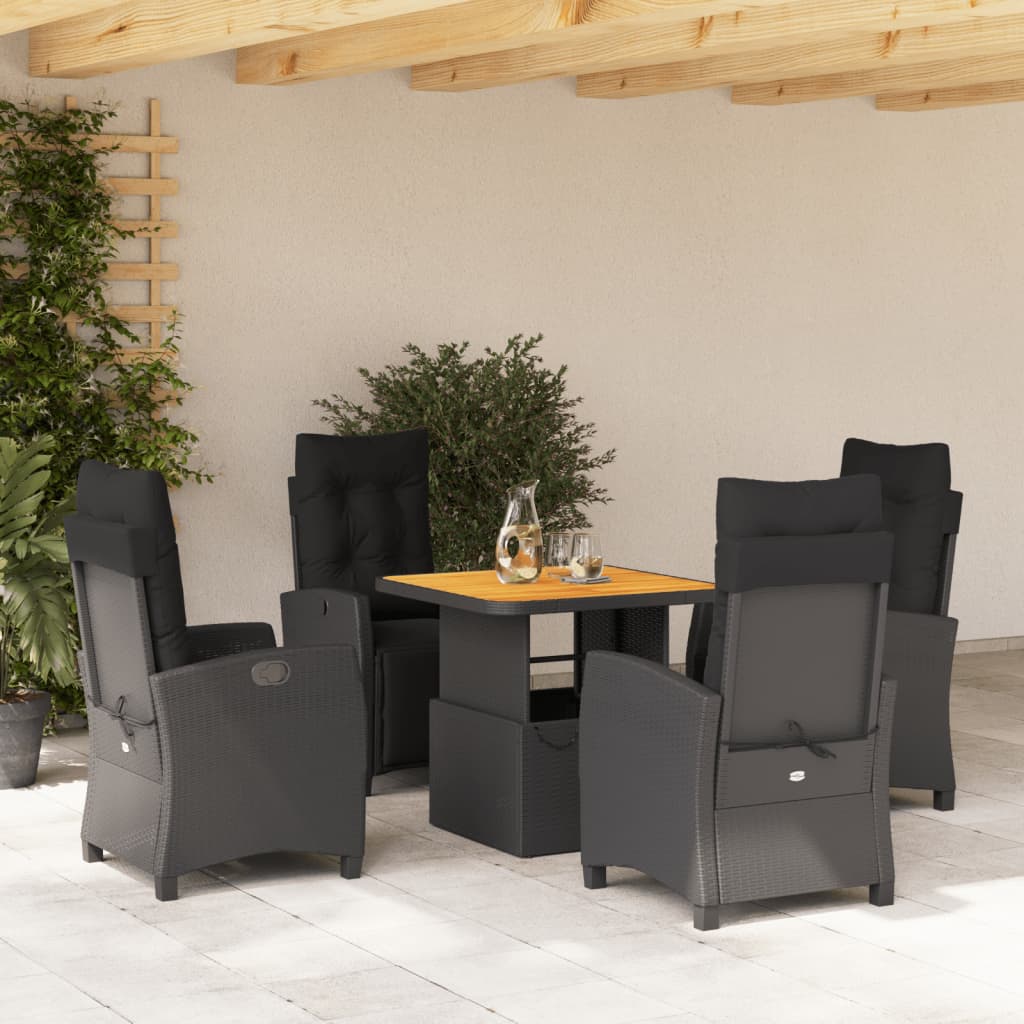 5 Piece Garden Dining Set with Cushions Black Poly Rattan