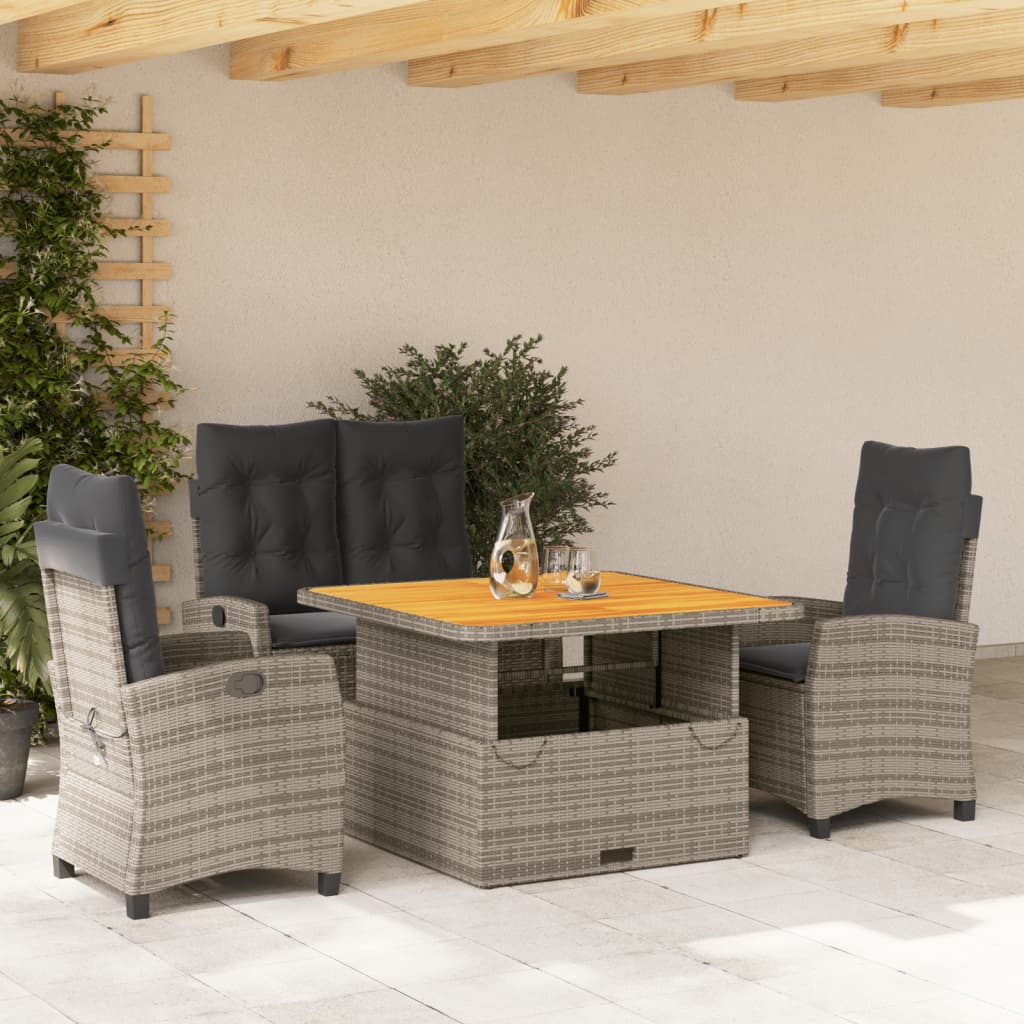 4 Piece Garden Dining Set with Cushions Grey Poly Rattan