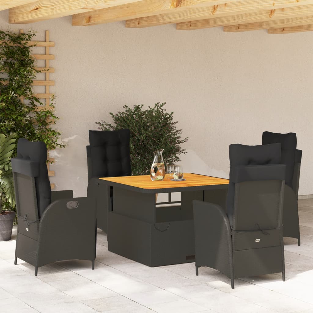 5 Piece Garden Dining Set with Cushions Black Poly Rattan