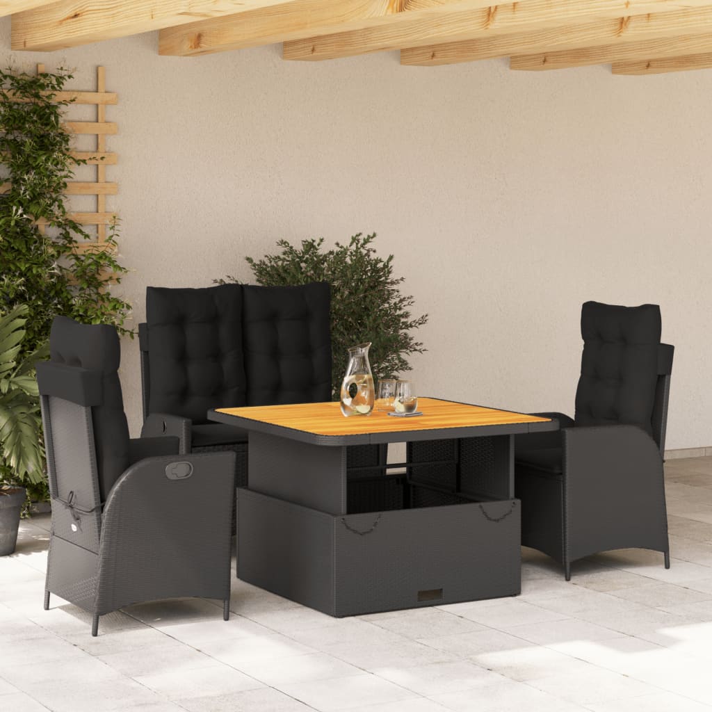 4 Piece Garden Dining Set with Cushions Black Poly Rattan