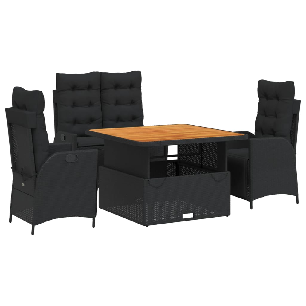 4 Piece Garden Dining Set with Cushions Black Poly Rattan