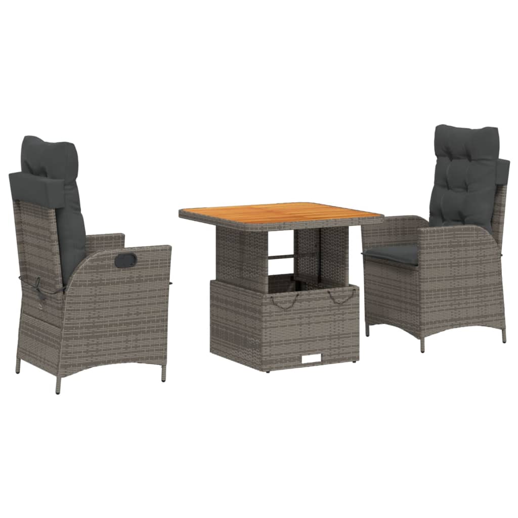 3 Piece Garden Dining Set with Cushions Grey Poly Rattan