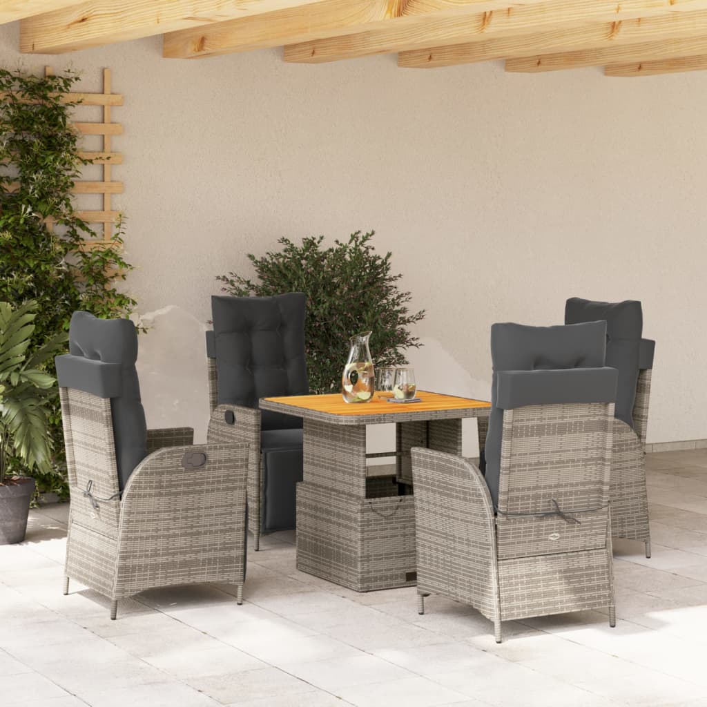 5 Piece Garden Dining Set with Cushions Grey Poly Rattan