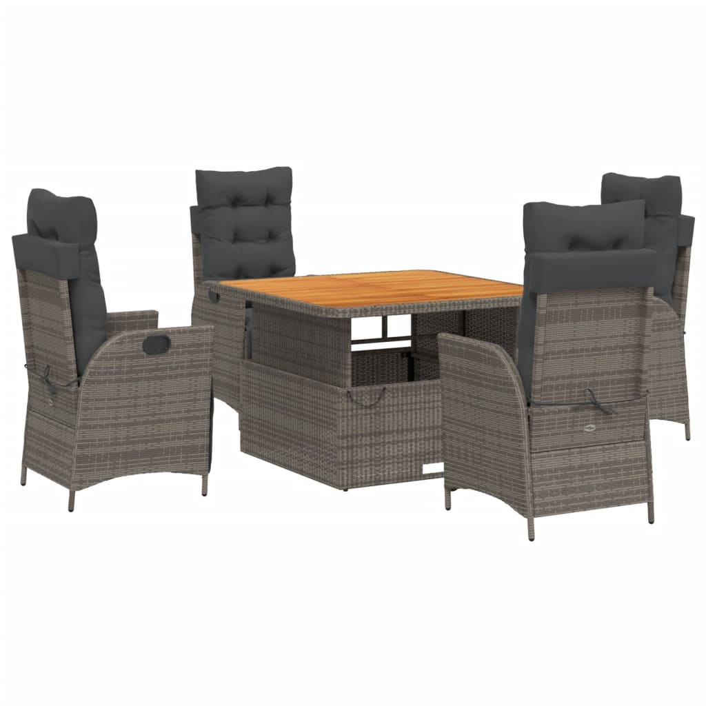 5 Piece Garden Dining Set with Cushions Grey Poly Rattan
