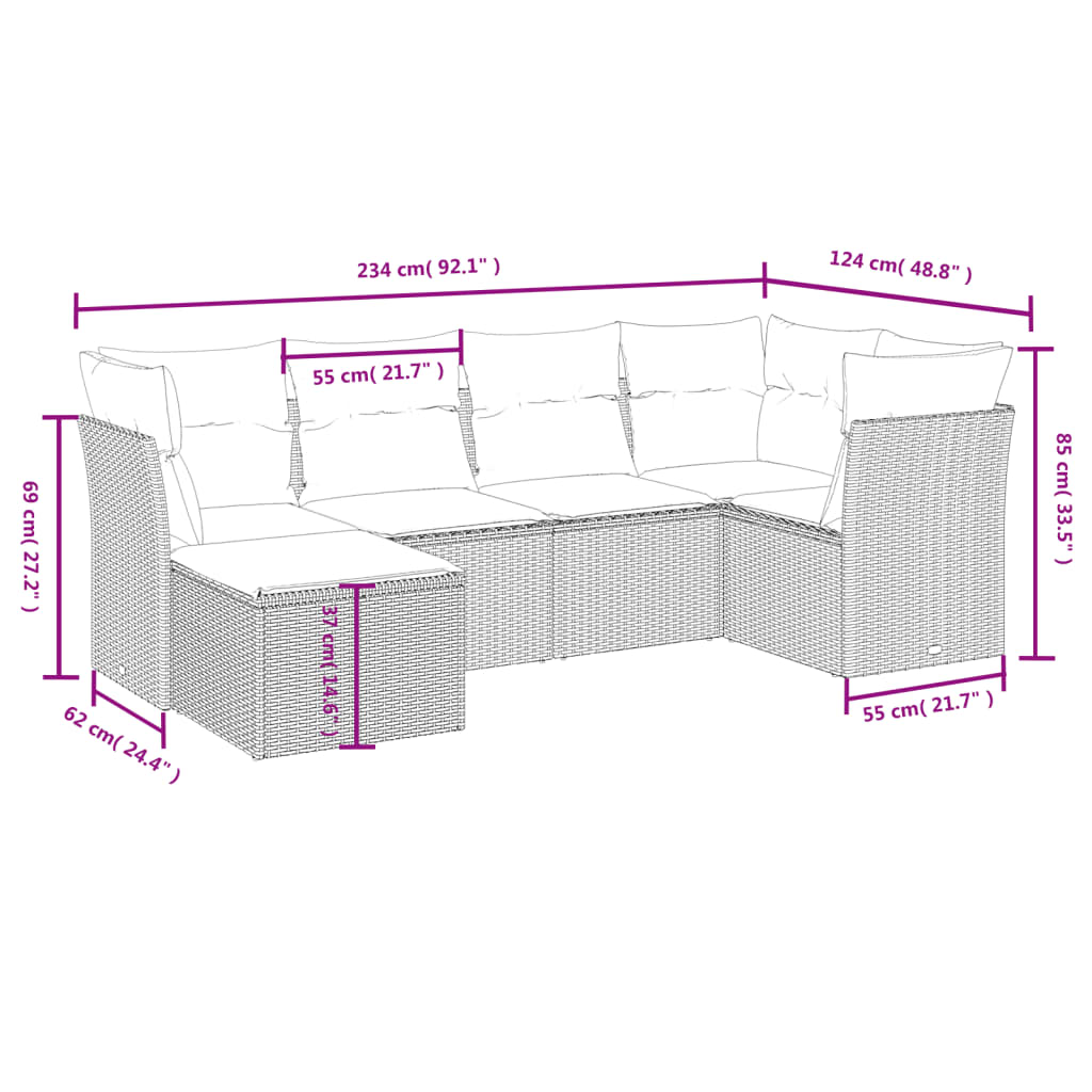 6 Piece Garden Sofa Set with Cushions Grey Poly Rattan
