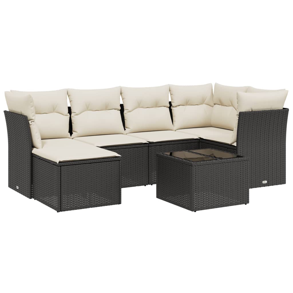 7 Piece Garden Sofa Set with Cushions Black Poly Rattan