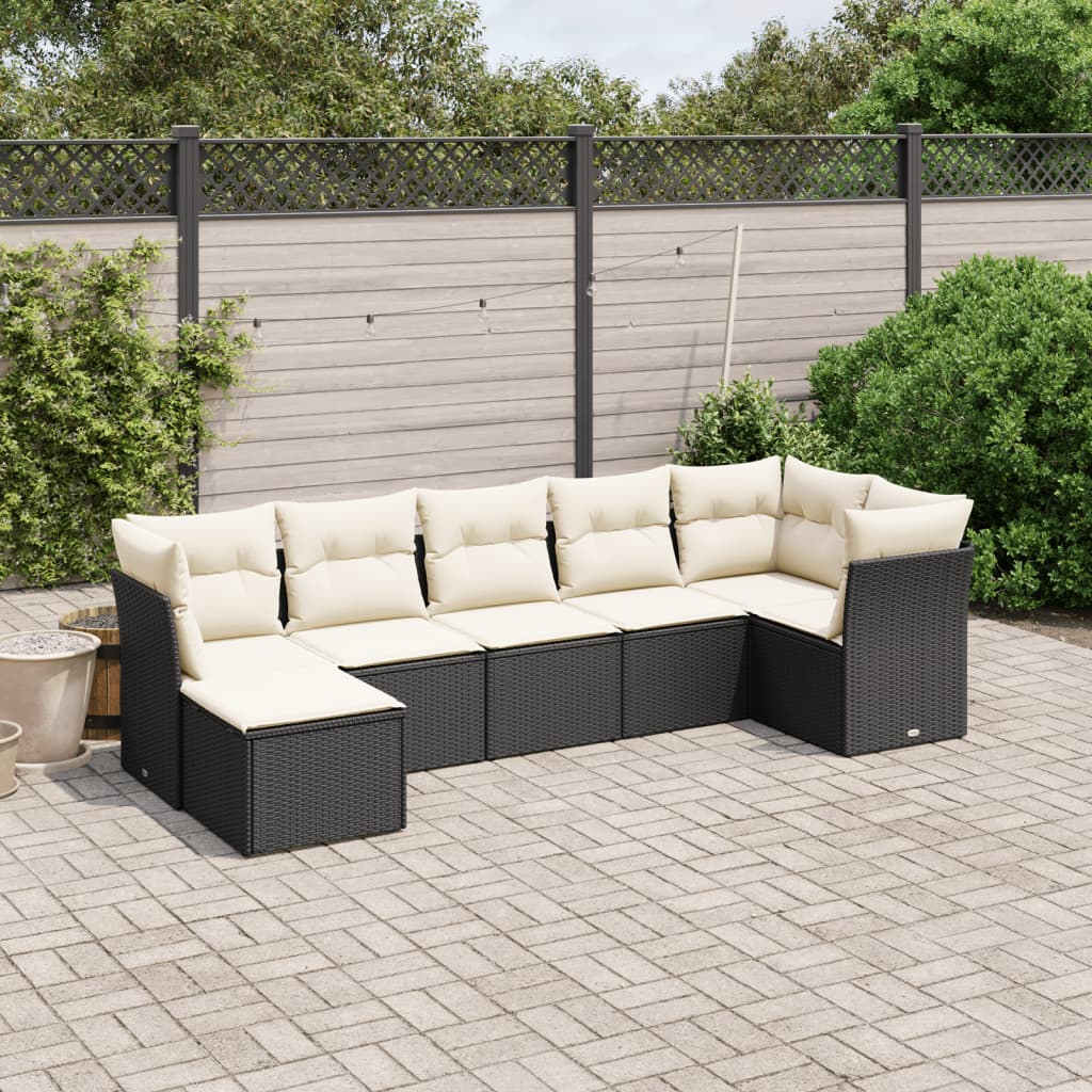 7 Piece Garden Sofa Set with Cushions Black Poly Rattan