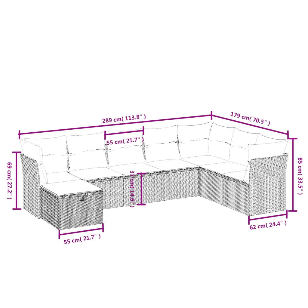 8 Piece Garden Sofa Set with Cushions Grey Poly Rattan