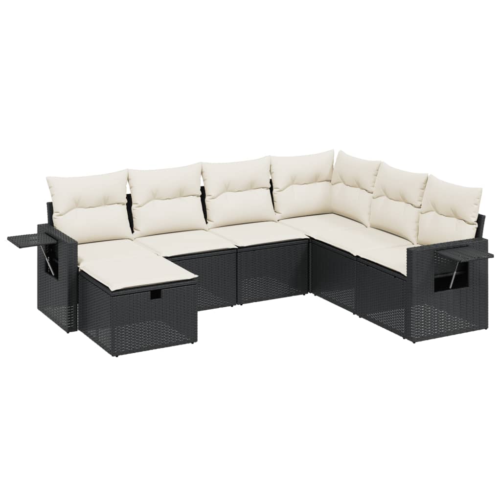 7 Piece Garden Sofa Set with Cushions Black Poly Rattan