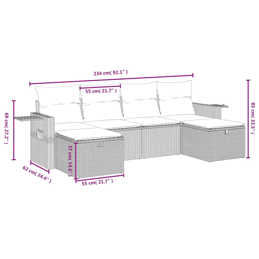 6 Piece Garden Sofa Set with Cushions Grey Poly Rattan