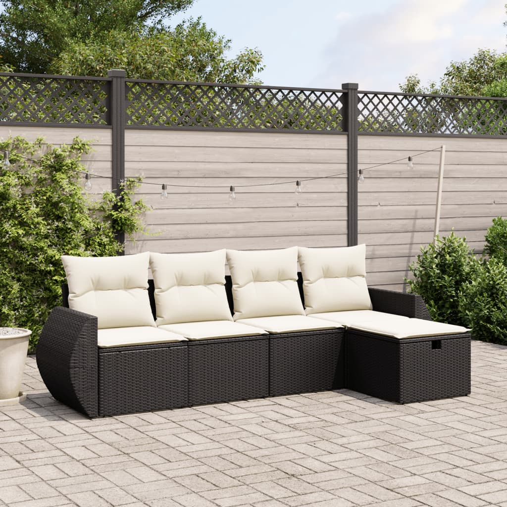 5 Piece Garden Sofa Set with Cushions Black Poly Rattan