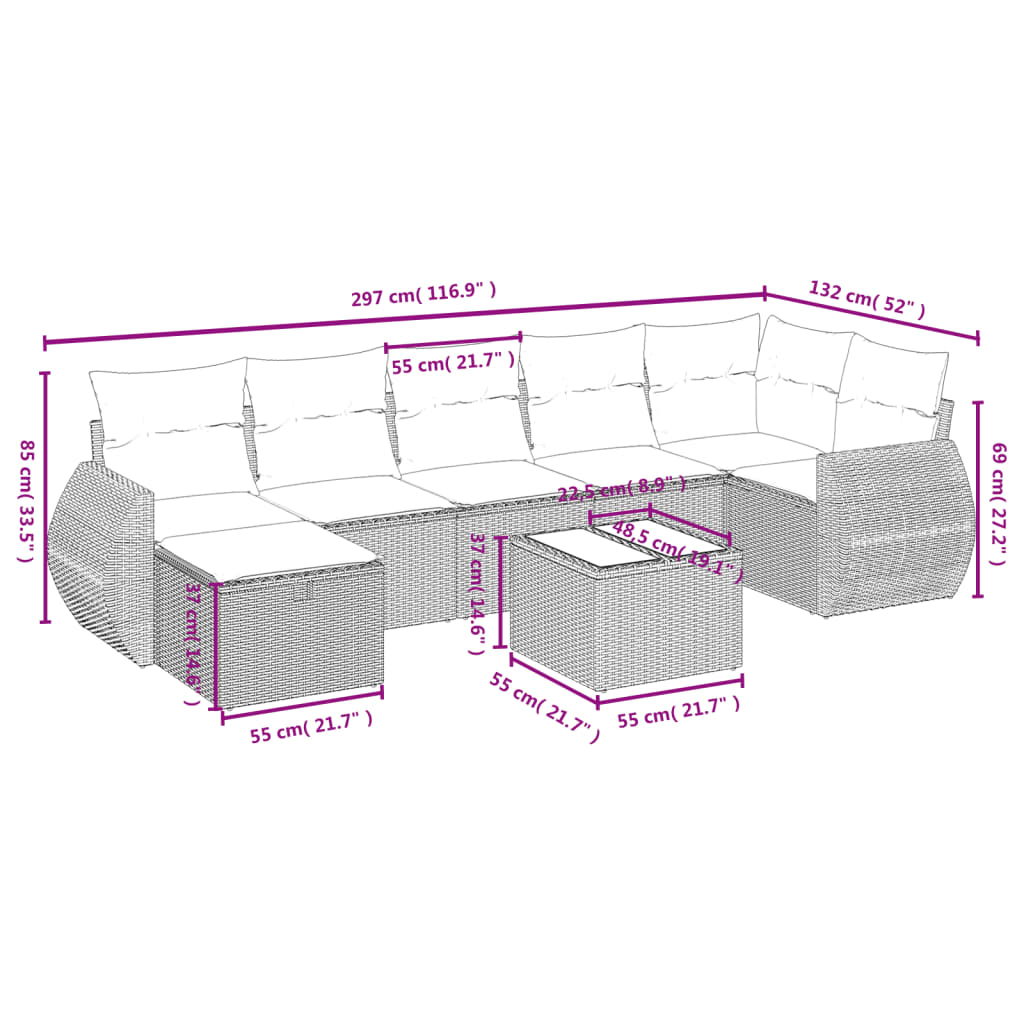8 Piece Garden Sofa Set with Cushions Grey Poly Rattan