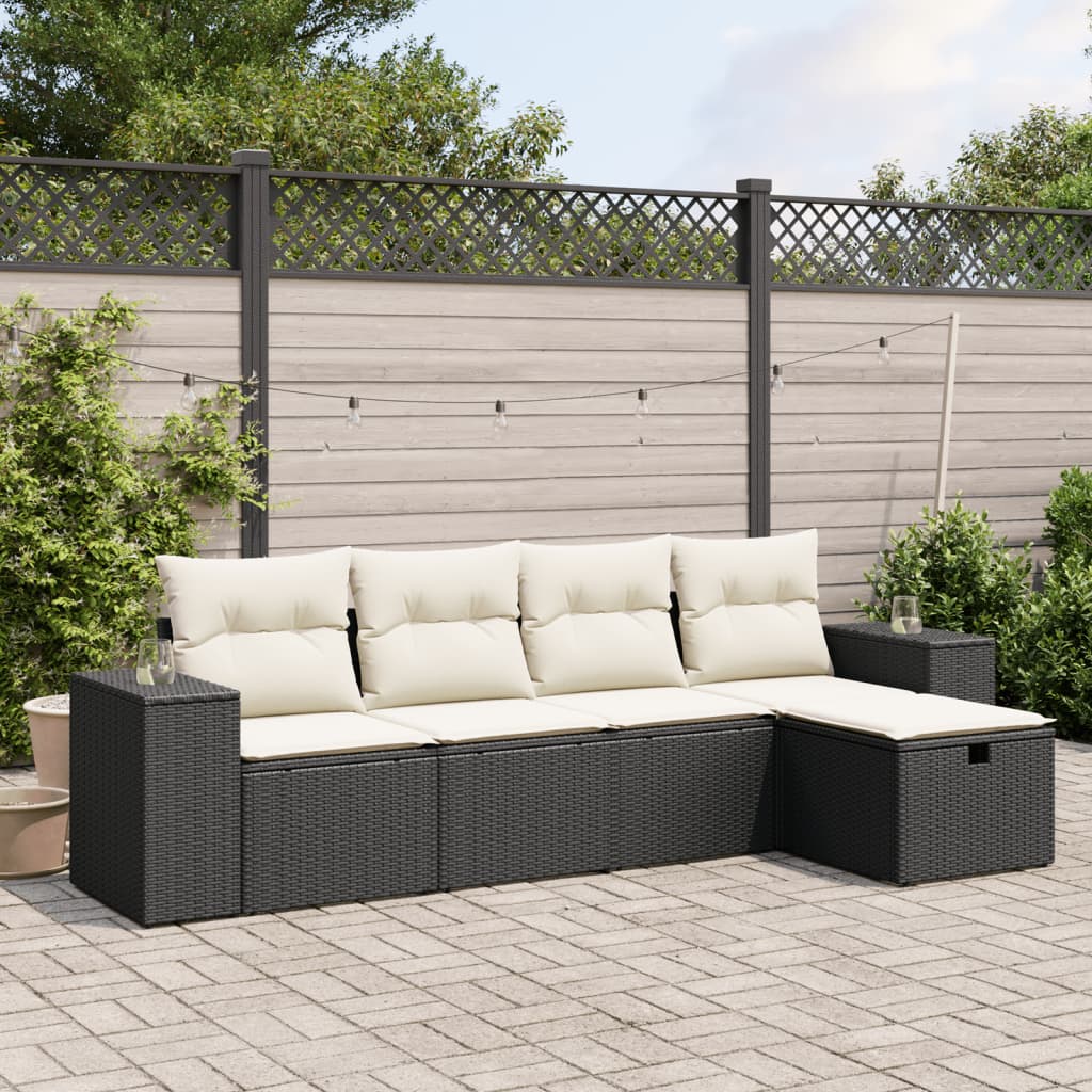 5 Piece Garden Sofa Set with Cushions Black Poly Rattan