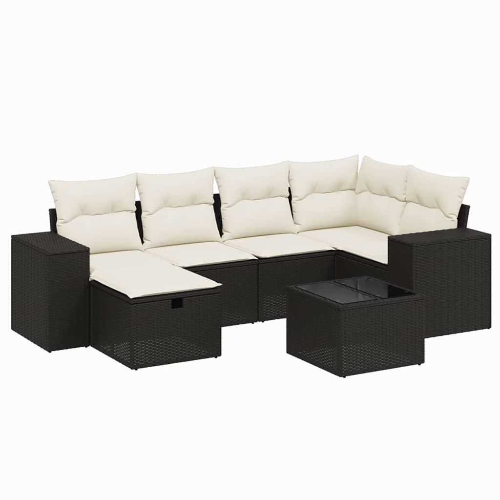 7 Piece Garden Sofa Set with Cushions Black Poly Rattan