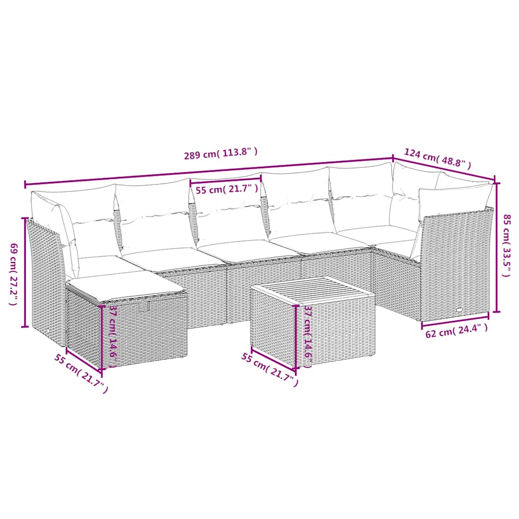 8 Piece Garden Sofa Set with Cushions Grey Poly Rattan