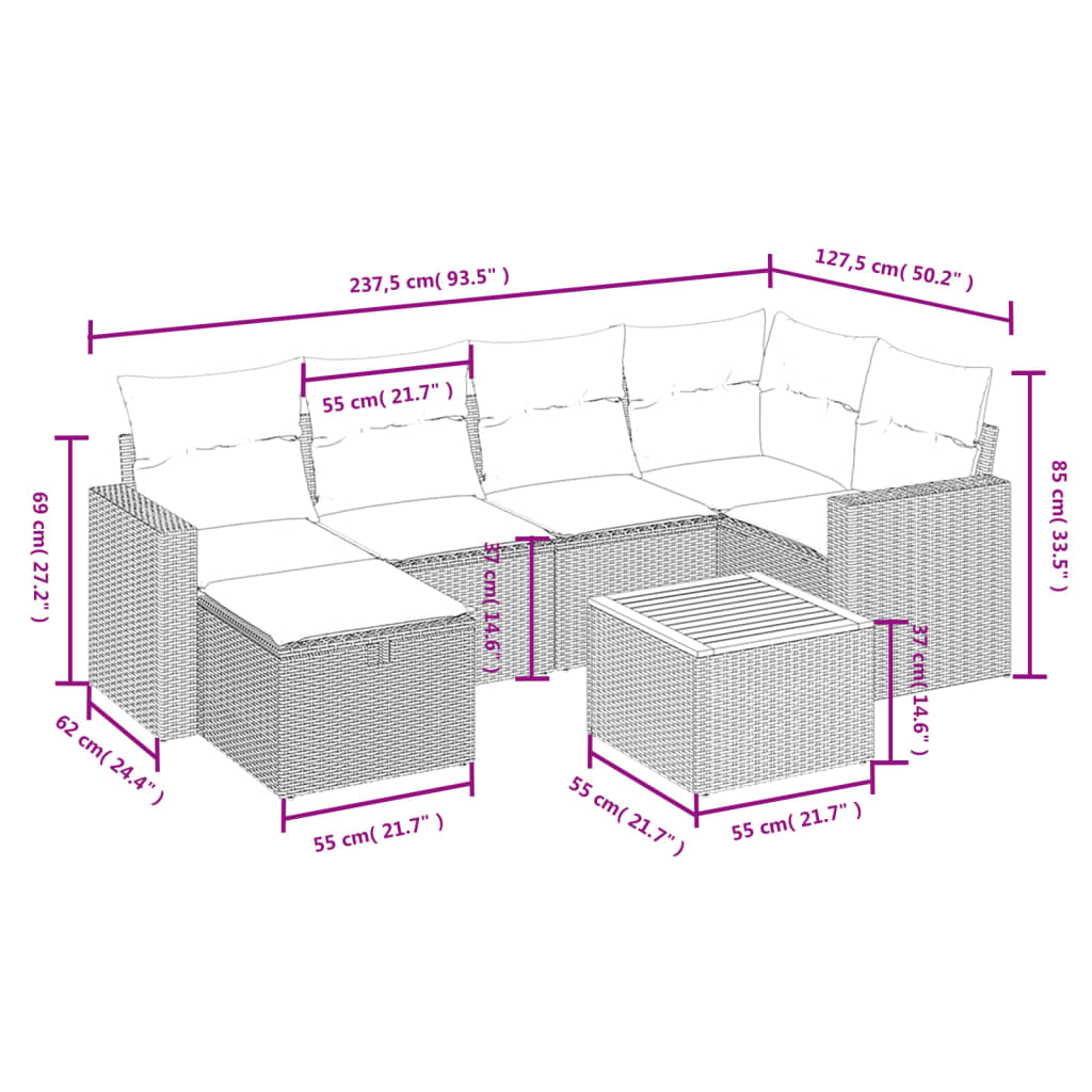 7 Piece Garden Sofa Set with Cushions Black Poly Rattan
