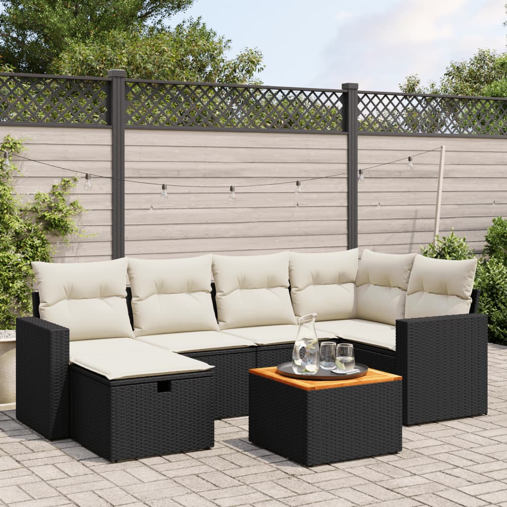 7 Piece Garden Sofa Set with Cushions Black Poly Rattan