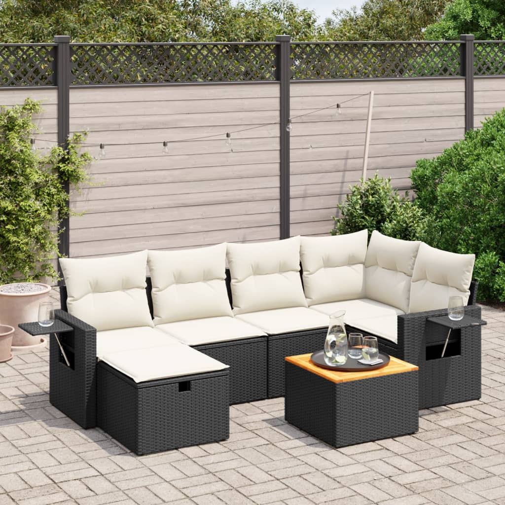 7 Piece Garden Sofa Set with Cushions Black Poly Rattan
