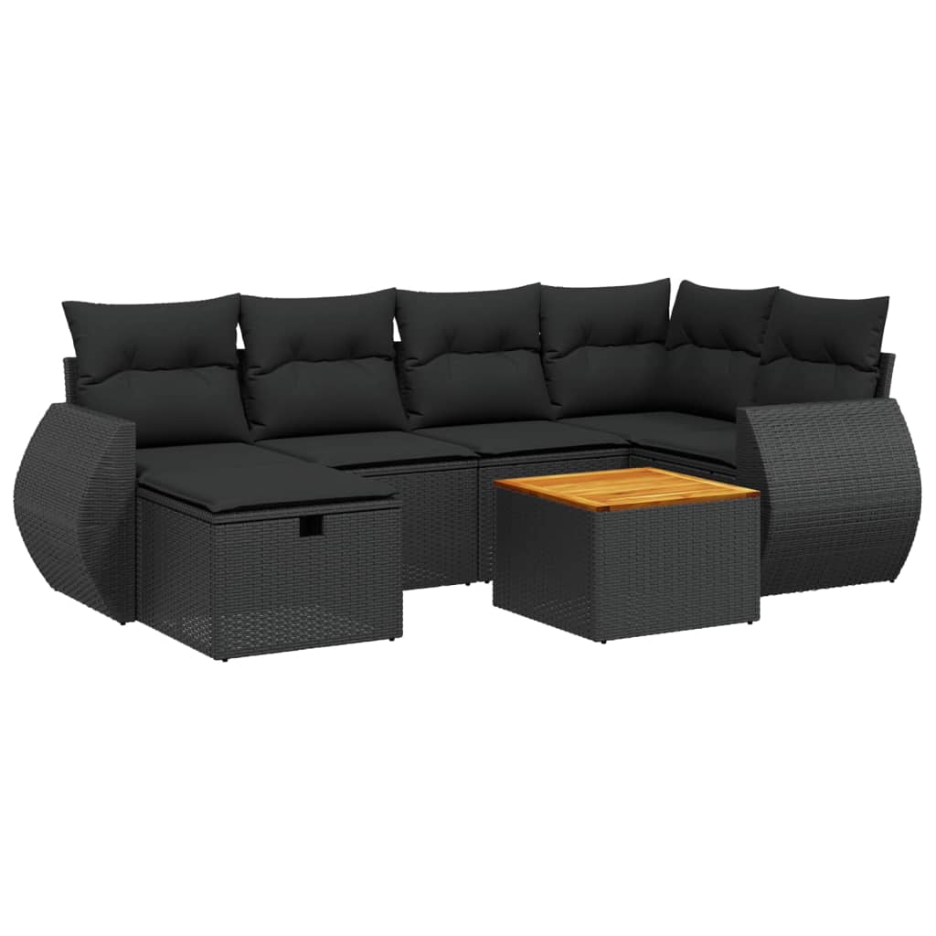 7 Piece Garden Sofa Set with Cushions Black Poly Rattan