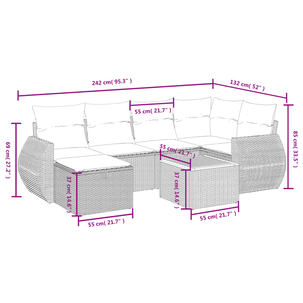 7 Piece Garden Sofa Set with Cushions Grey Poly Rattan