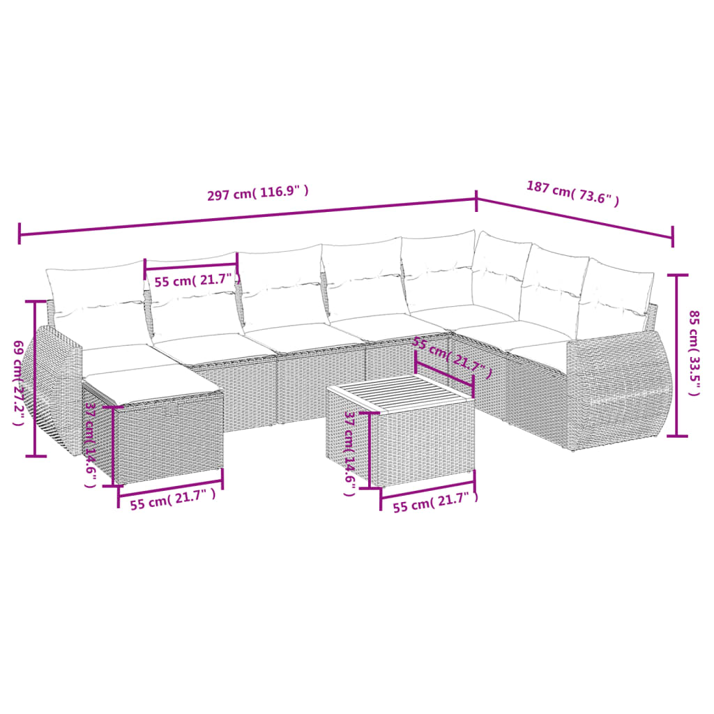 9 Piece Garden Sofa Set with Cushions Black Poly Rattan