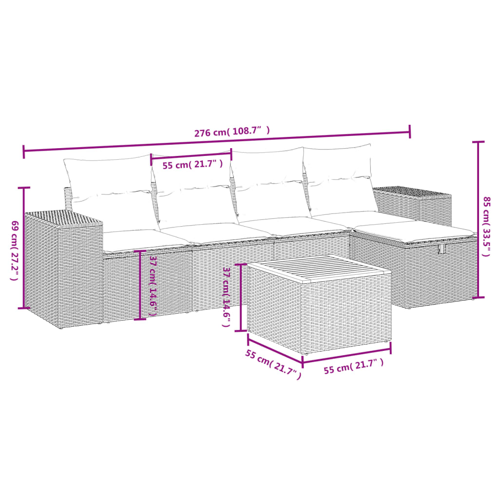 6 Piece Garden Sofa Set with Cushions Black Poly Rattan