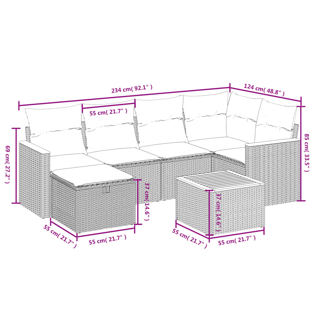 7 Piece Garden Sofa Set with Cushions Black Poly Rattan