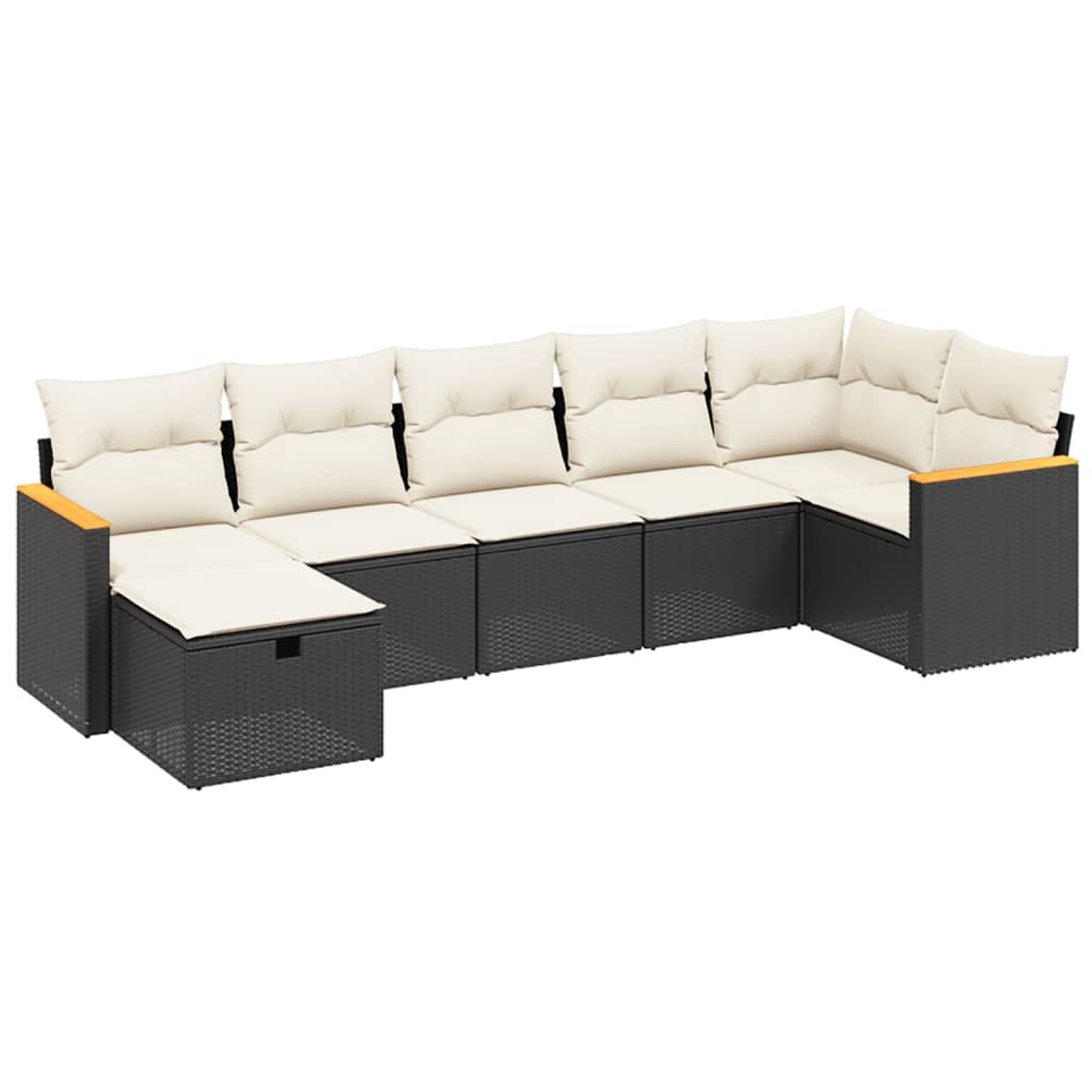 7 Piece Garden Sofa Set with Cushions Black Poly Rattan