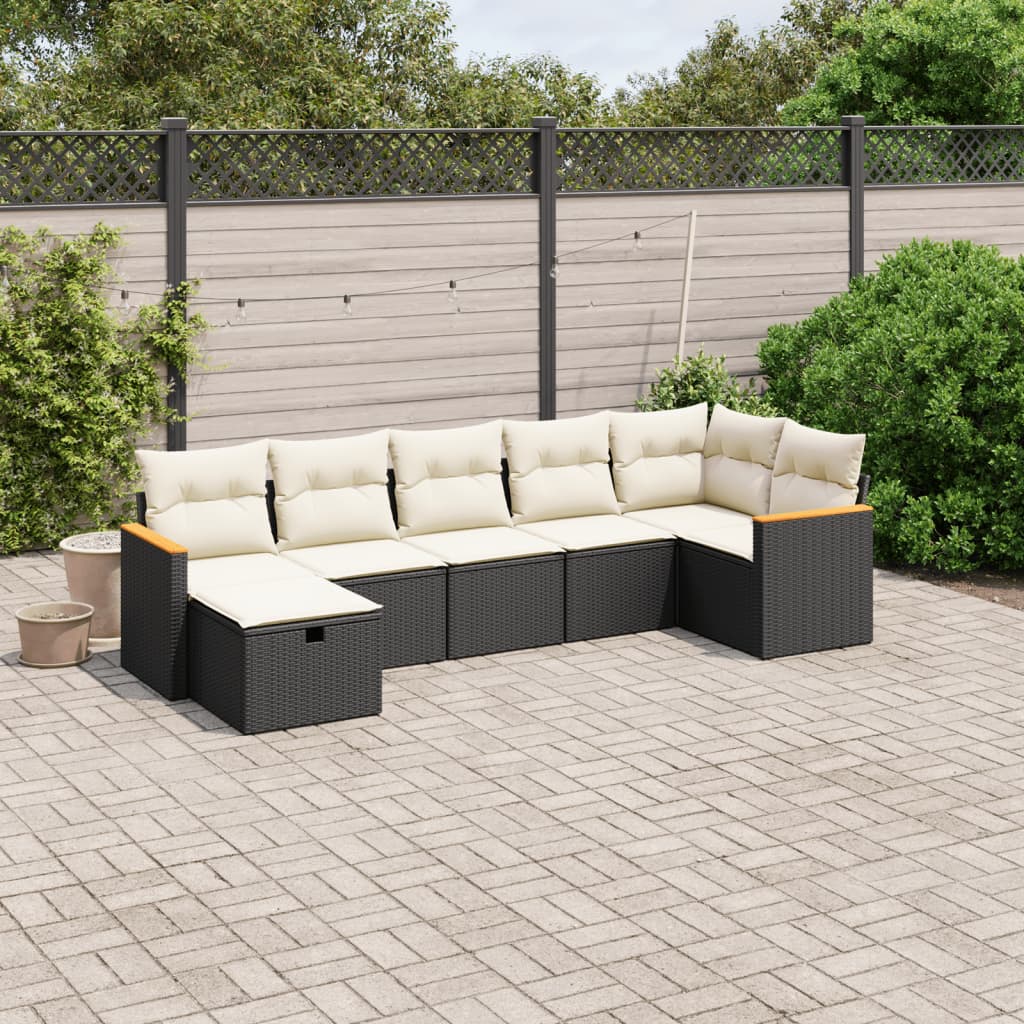 7 Piece Garden Sofa Set with Cushions Black Poly Rattan