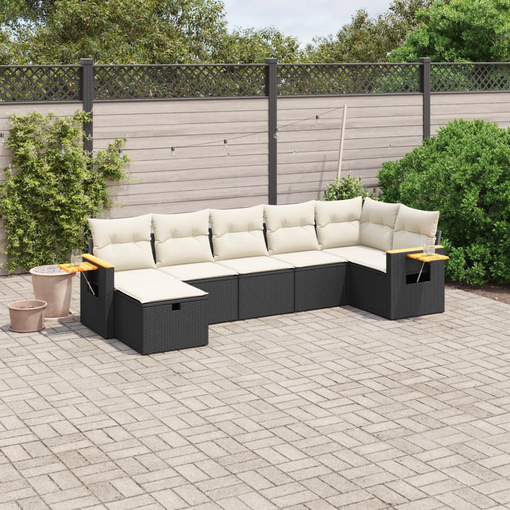 7 Piece Garden Sofa Set with Cushions Black Poly Rattan