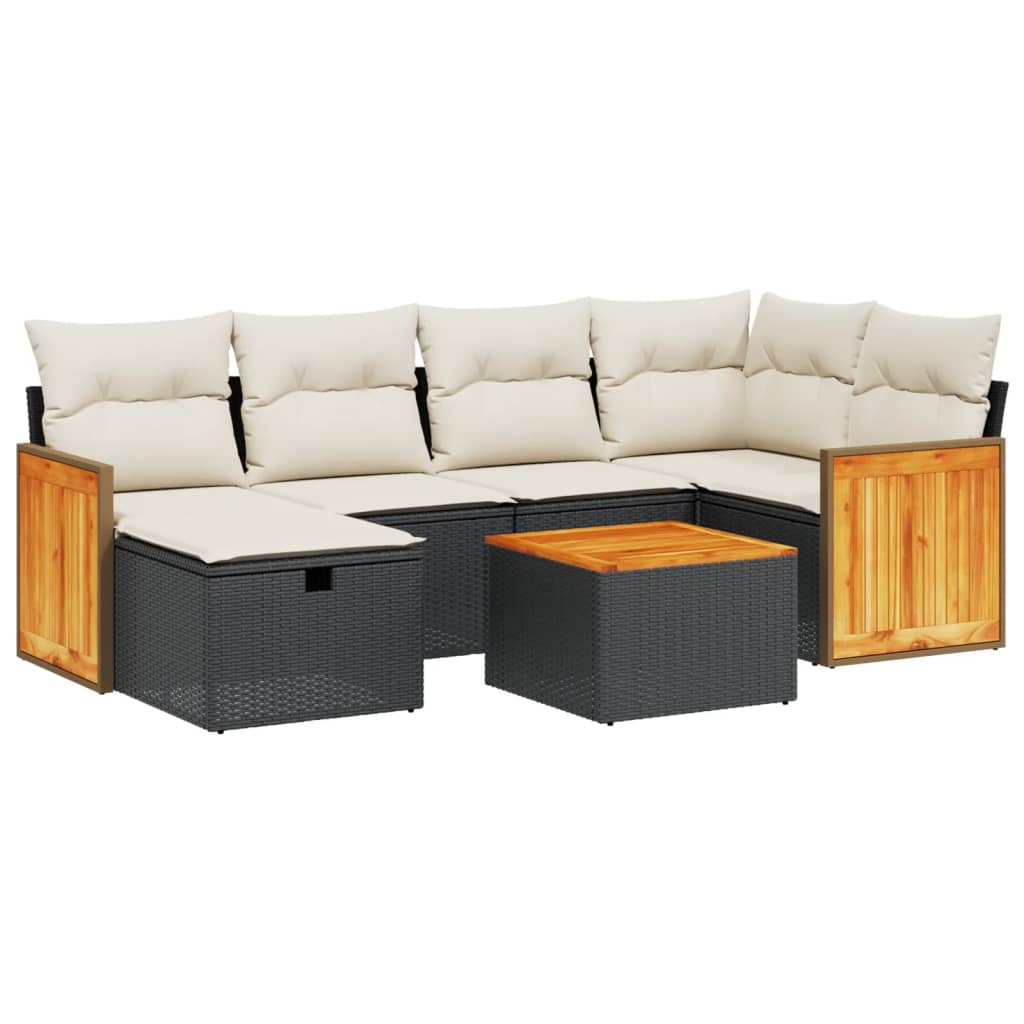 7 Piece Garden Sofa Set with Cushions Black Poly Rattan