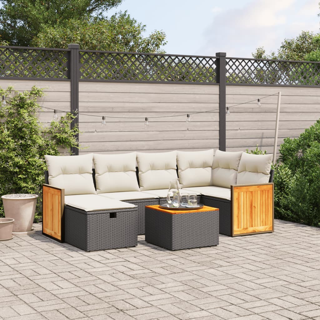 7 Piece Garden Sofa Set with Cushions Black Poly Rattan