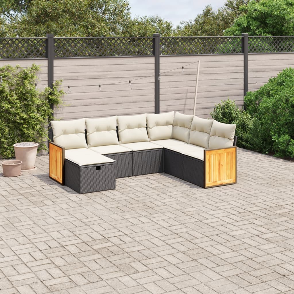 7 Piece Garden Sofa Set with Cushions Black Poly Rattan