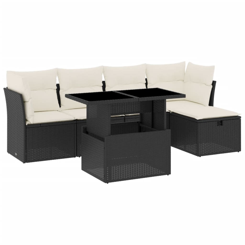 6 Piece Garden Sofa Set with Cushions Black Poly Rattan