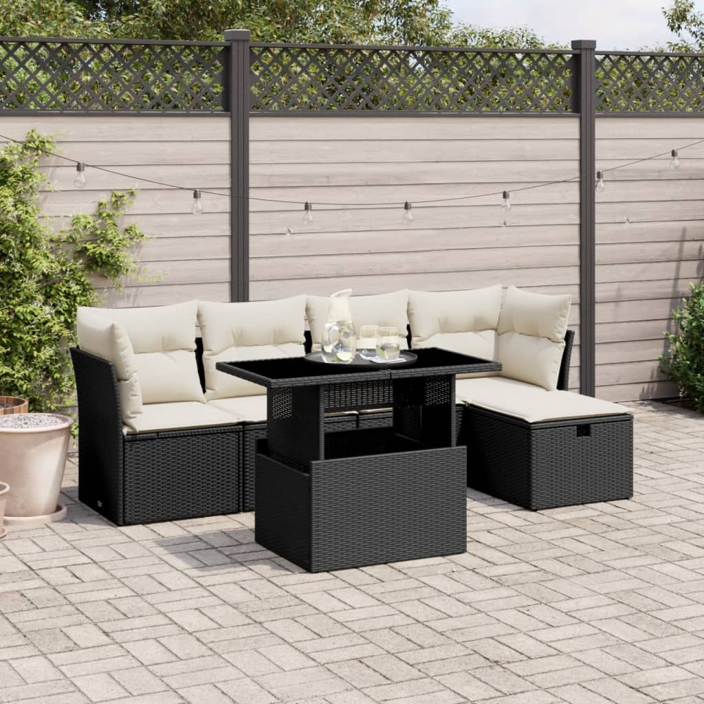 6 Piece Garden Sofa Set with Cushions Black Poly Rattan