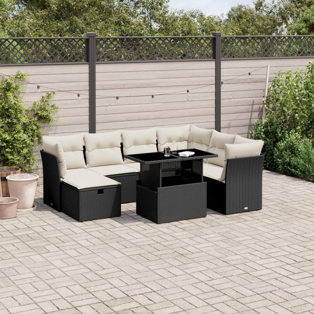 8 Piece Garden Sofa Set with Cushions Black Poly Rattan