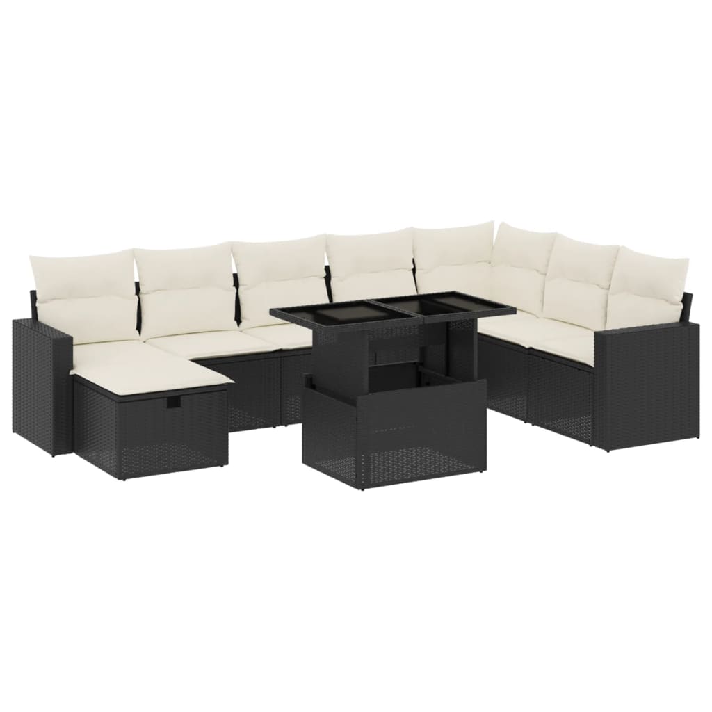 9 Piece Garden Sofa Set with Cushions Black Poly Rattan