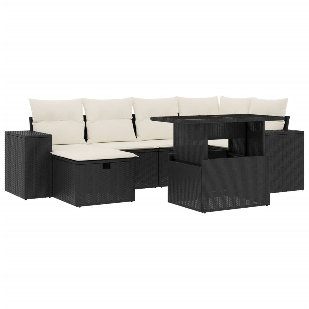 7 Piece Garden Sofa Set with Cushions Black Poly Rattan