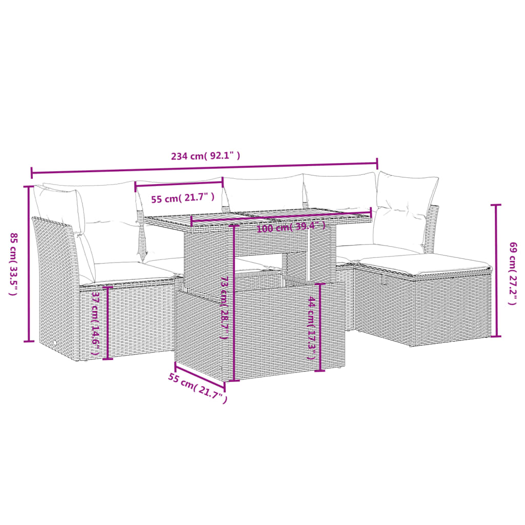 6 Piece Garden Sofa Set with Cushions Black Poly Rattan