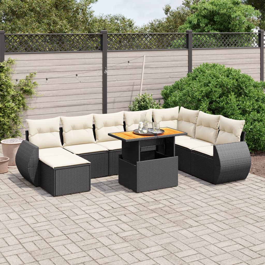 9 Piece Garden Sofa Set with Cushions Black Poly Rattan