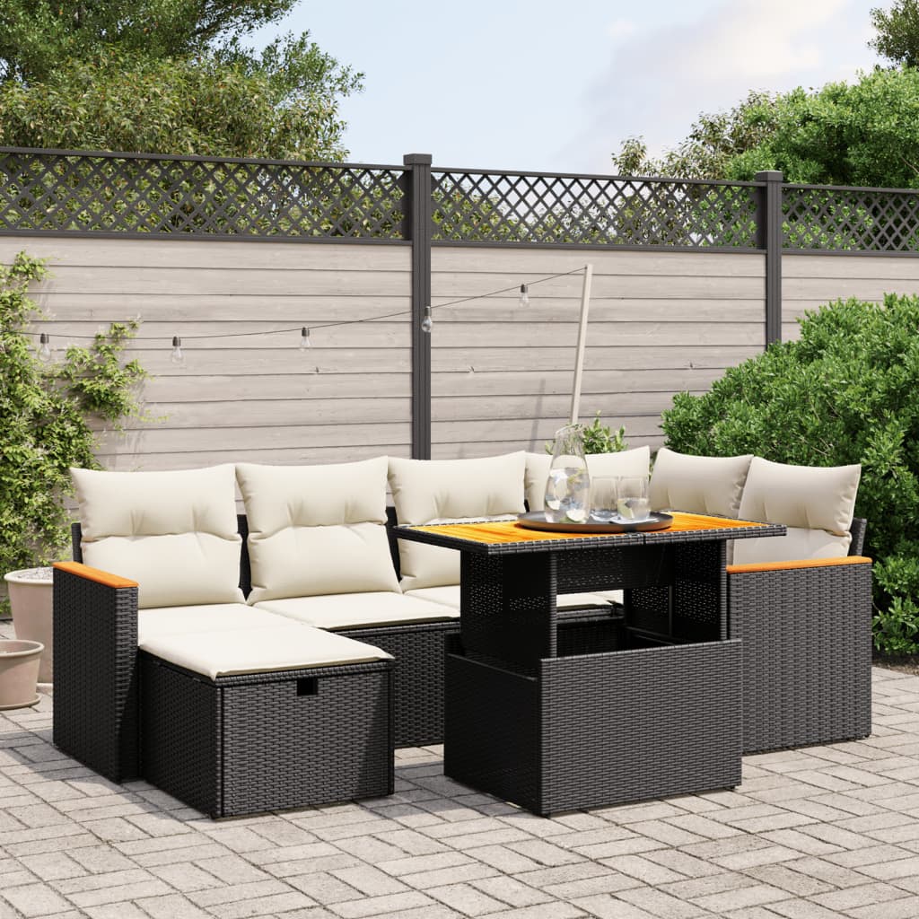 7 Piece Garden Sofa Set with Cushions Black Poly Rattan