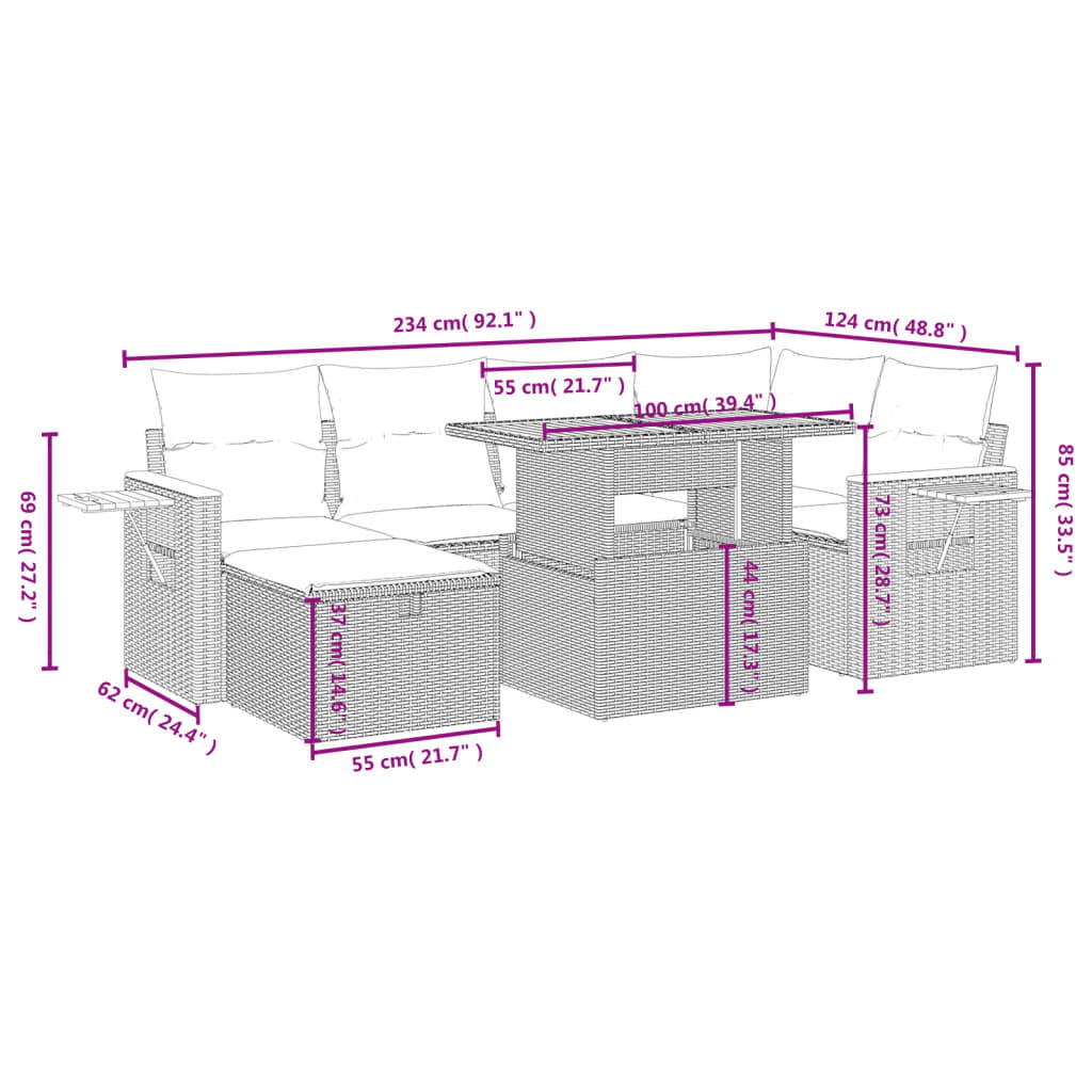 7 Piece Garden Sofa Set with Cushions Black Poly Rattan